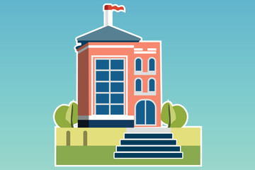 School with a green lawn. Icon. Flat vector illustration isolated on Any color of the background, School building in flat style. Modern school, college building. Vector illustration