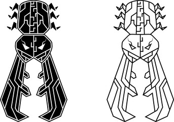 black white stag beetle mascot illustration. robotic concept. line art, silhouette style. used for gaming logo, print, sport logo, t-shirt design