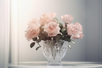 Delicate roses bouquet in vase, window light airy background. Generative AI