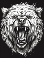 An angry grizzly's face with a mouth open . Print for T-shirts. Generative AI