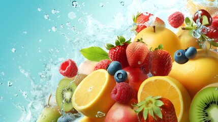Fototapeta na wymiar Fresh fruits with water splash on blue background, closeup. Healthy food.