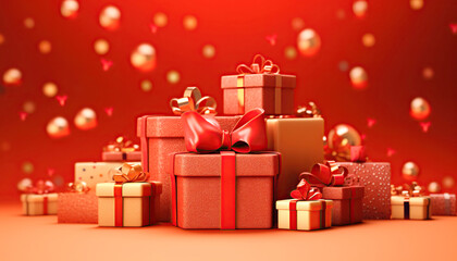 Christmas background - gift boxes decorated with paper, ribbon, velvet and colorful bows. Generative IA.