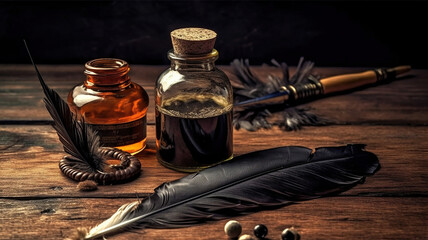 a feather quill and ink bottle on a wooden table. Generative Ai