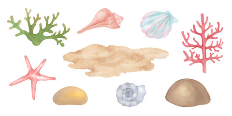 Naklejka premium Sea watercolor set of coral, sand, pebbles, seashells hand-painted.