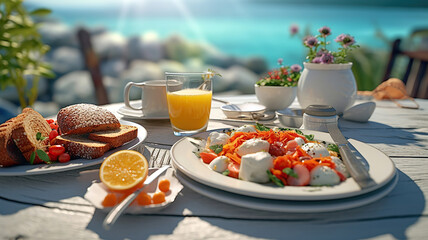 Fresh Breakfast in a beautiful location with sea views. Generative Ai - obrazy, fototapety, plakaty