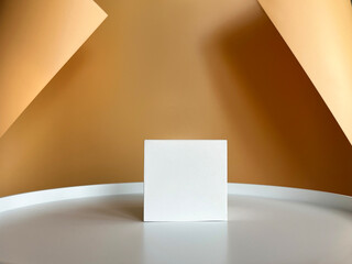 Abstract empty white geometric shape on a white round podium. Beige background with shadow. Layout of a stand for product presentation. Minimal concept. Show product. banner Studio photo.Front view.