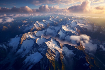 Snowy Majesty: Aerial View of Clouds and Mountains. Generative AI