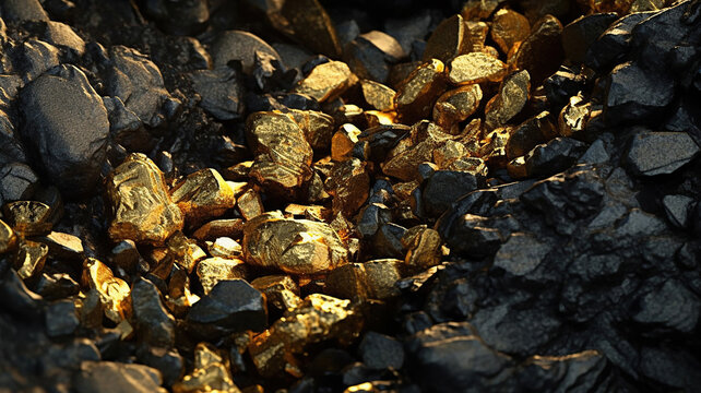 Pure gold from the mine that was unearthed was placed on the black sand. Generative Ai