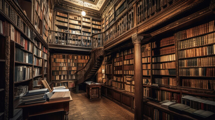 Big Old library or bookshop with many books on shelves AI generative	