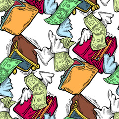Money seamless vector pattern background for print design. Hundred dollars banknotes, a lot of cash for finance. economy, business success theme. Hand drawn line illustration, cartoon style drawing.