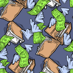 Money seamless vector pattern background for print design. Hundred dollars banknotes, a lot of cash for finance. economy, business success theme. Hand drawn line illustration, cartoon style drawing.