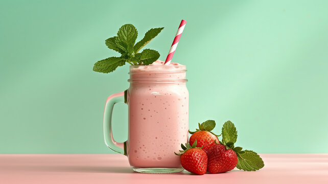 Strawberry smoothie or milkshake in mason jar decorated mint on pink table. Generative Ai