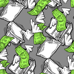 Money seamless vector pattern background for print design. Hundred dollars banknotes, a lot of cash for finance. economy, business success theme. Hand drawn line illustration, cartoon style drawing.