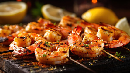 Grilled tiger shrimps skewers with lemon. Generative Ai