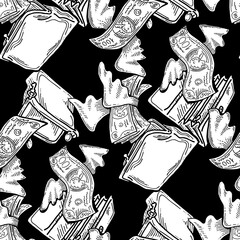 Money seamless vector pattern background for print design. Hundred dollars banknotes, a lot of cash for finance. economy, business success theme. Hand drawn line illustration, cartoon style drawing.