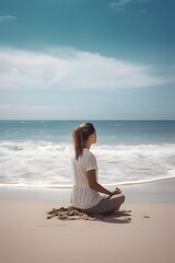 Fototapeta na wymiar Woman meditating on the sea beach, as she finds inner peace and tranquility amidst the soothing sound of waves and the gentle touch of the ocean breeze, Generated AI