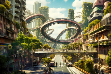 Fototapeta premium Roller coaster in the middle of the city, landscape, generative ai