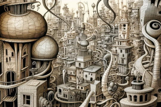 futuristic city landscape, in intricate spiral style surrealist sculpture, generative ai