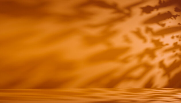 Abstract gradient yellow studio background for product presentation. Empty room with shadows of window and flowers and palm leaves . 3d room with copy space. 