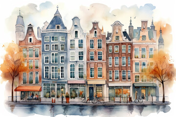 Amsterdam watercolour illustration, storybook style. Generative AI. - obrazy, fototapety, plakaty