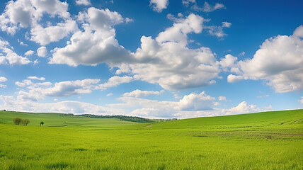 Obraz premium Spring panoramic landscape. Sky with fluffy clouds over green field. Generative Ai