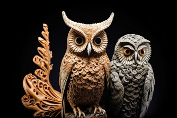 owls on black background, in intricate spiral style surrealist sculpture, generative ai