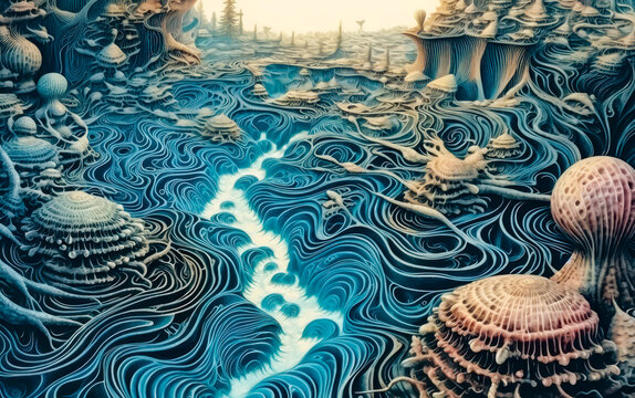 Strange and beautiful formations landscape, in intricate spiral style surrealist sculpture, generative ai
