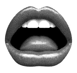 mouth open with teeth and tongue isolated halftone black white dots texture bitmap retro vintage pop art style collage element for mixed media modern crazy design