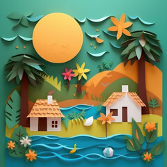 Abstract summer vive beach paper cut landscape background