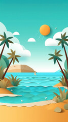 Fototapeta na wymiar Abstract summer beach vibe paper cut landscape background