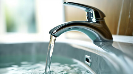Faucet and water drop close up. Bathroom interior with sink and water tap. Generative Ai