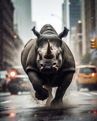 Fototapeta na wymiar Mighty Rhinoceros Charging Through Rainy Streets of New York. Generative ai