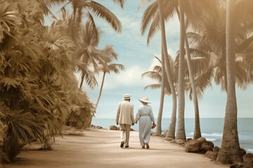 Elderly Couple Walking on Beach Surrounded by Palm Trees. Generative ai - obrazy, fototapety, plakaty