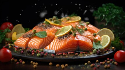 Fresh and Succulent Salmon Fillets and Seafood Arrangement on Bokeh Background for Gourmet Meal. Generative AI.