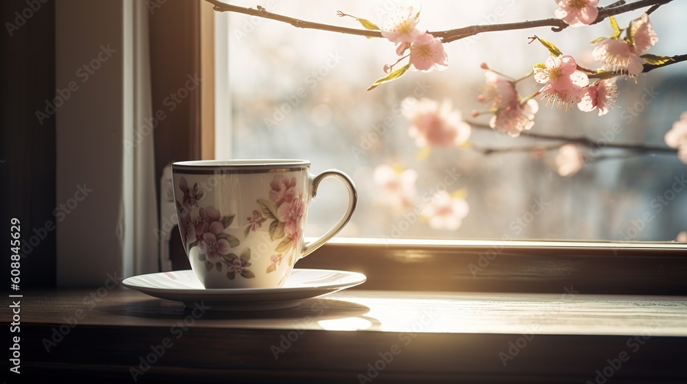 Poster a teacup and matching saucer are displayed on a window ledge. Generative AI