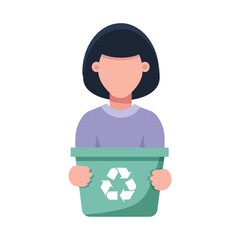 Cute faceless girl putting turquoise garbage in trash cans, waste bins or containers. Happy woman collecting, sorting, recycling garbage. Flat cartoon vector illustration isolated on white background 