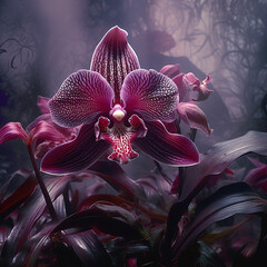 Deep red and purple orchids. The flower and leaves are represented in high resolution. The background is permeated with dark smoke and creates a gloomy and mysterious atmosphere. Photorealistic effect