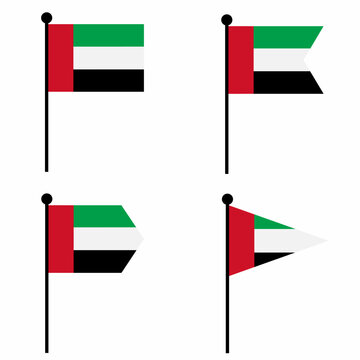 United Arab Emirates waving flag icon set in 4 shape versions. Collection of flagpole sign for identity, emblem, and infographic.