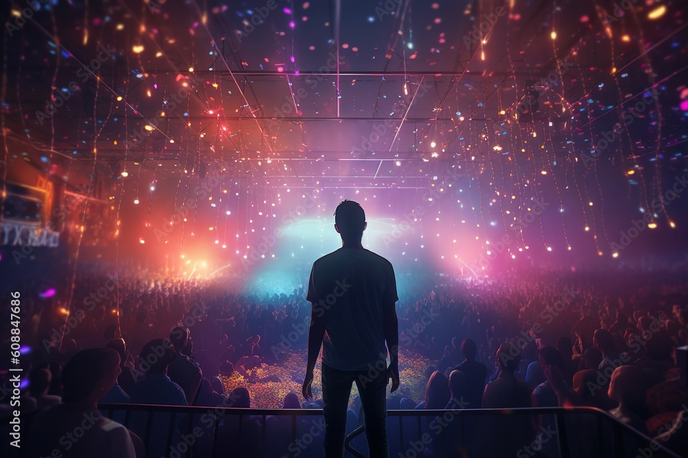 Poster at a concert, there is a man who is standing in front of the crowd. generative ai