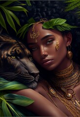 Beautiful African Model In Jungle With Beautiful Lion, Queen of Jungle, African Queen, African Princess, Mother Earth, AI Generated Image, Wallpaper - obrazy, fototapety, plakaty