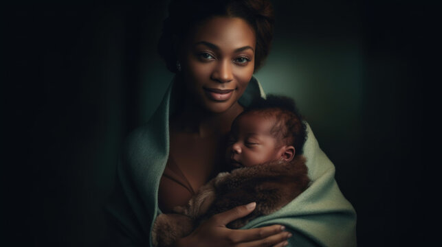 Portrait of pretty black woman holding a newborn baby created with generative AI technology