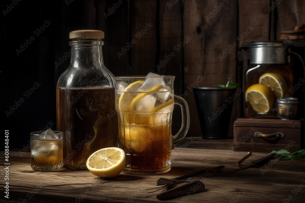 Poster iced tea with lemons in one pitcher, and iced tea in another pitcher generative ai