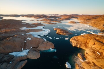 Melting glaciers. Ice floes melt in the water. Climate change concept. AI generated, human enhanced