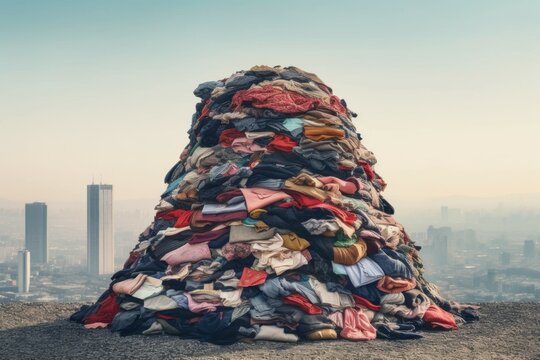 Pile Of Textile And Clothing Waste. The Concept Of Climate Change As Consequence Of Excessive Consumption. AI Generated