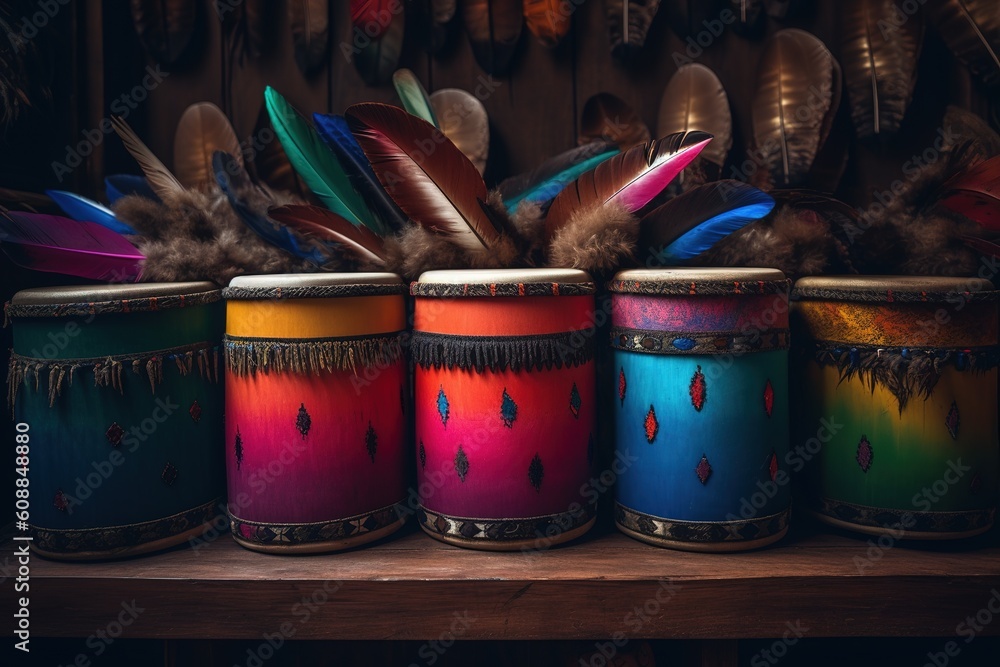Poster a series of brightly colored jars that each contained a feather. generative ai