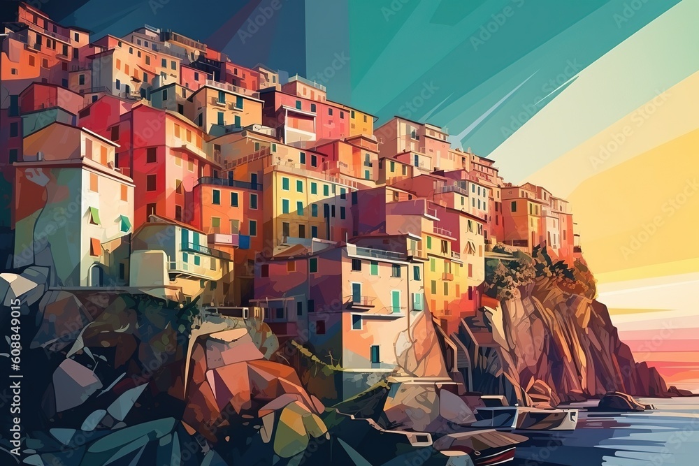 Poster an example of a city perched on the edge of a cliff next to the water generative ai