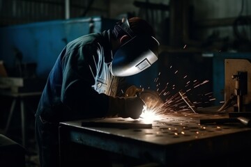 Worker or welder in the metallurgical industry performing welding in his workshop. AI generated, human enhanced.