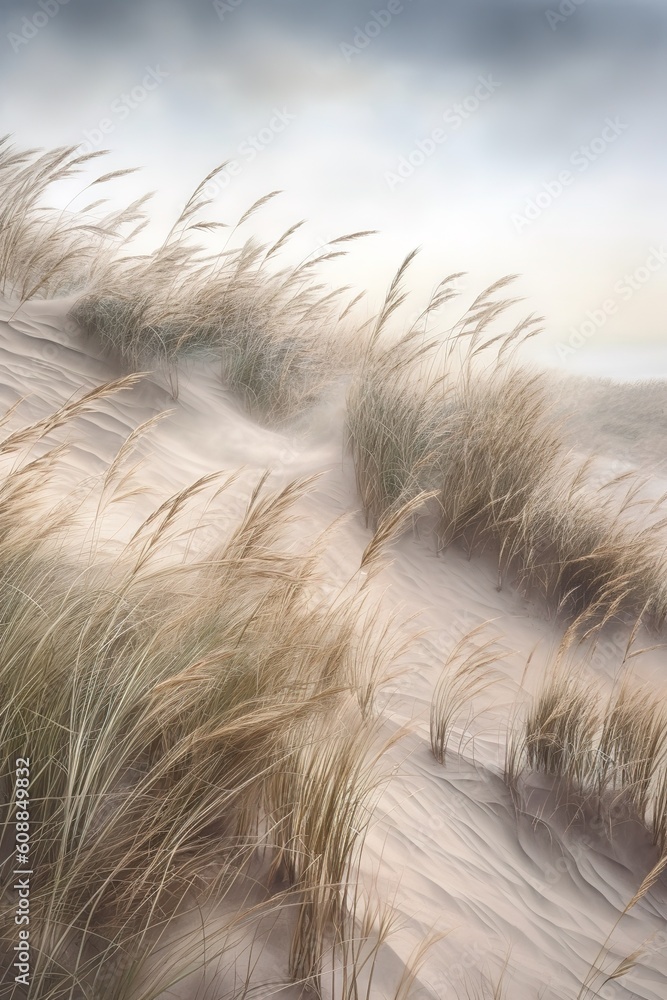 Poster a picture of a beach with the grass flowing in the breeze as an example generative ai