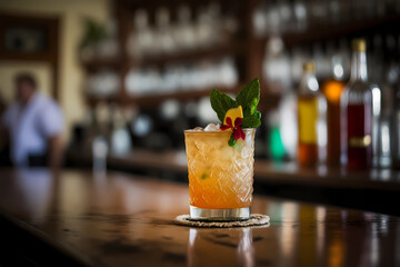 Mai tai cocktail on a bar counter with blurred bar behind, generative AI