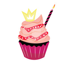 Birthday cupcake with candle on white background